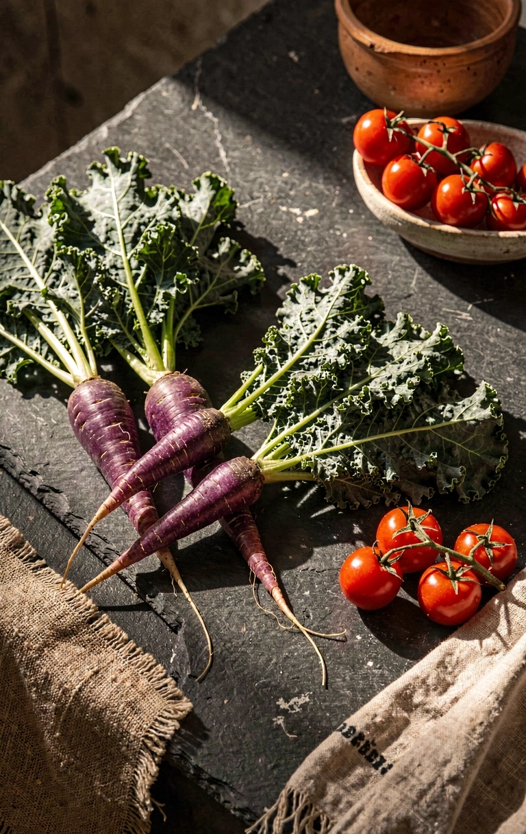 Φρέσκα εποχιακά λαχανικά σε δραματικό φωτισμό